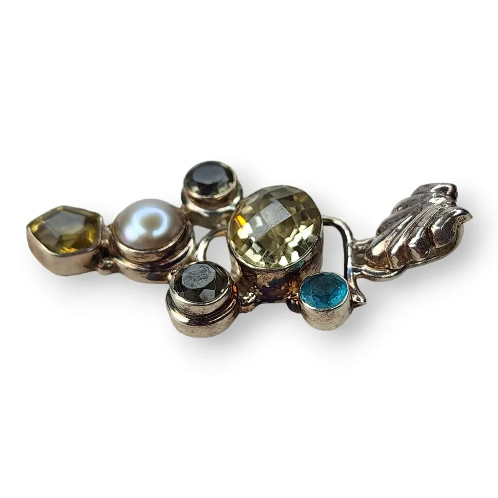 Vintage Pendant Sterling Silver 925 Citrine Topaz Aquamarine Pearl Gem